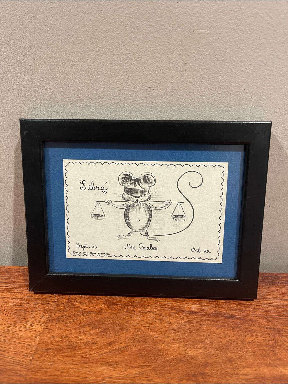 Vintage 1969 Lois Jean Wortham Libra Illustration Print Mouse Framed 8x6 Scales